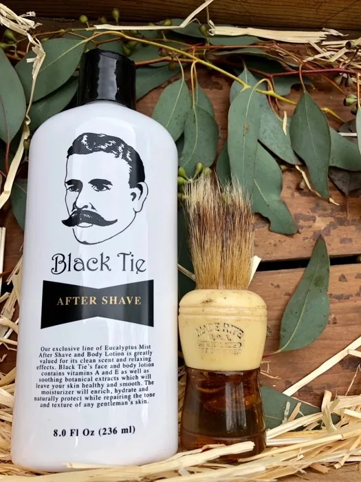 Black Tie After Shave bottle with traditional shaving brush