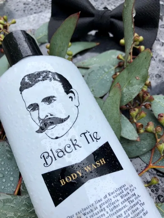 Black Tie Body Wash bottle with signature bow tie