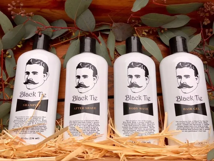The Black Tie signature product line: shampoo, after shave, body wash and hair gel